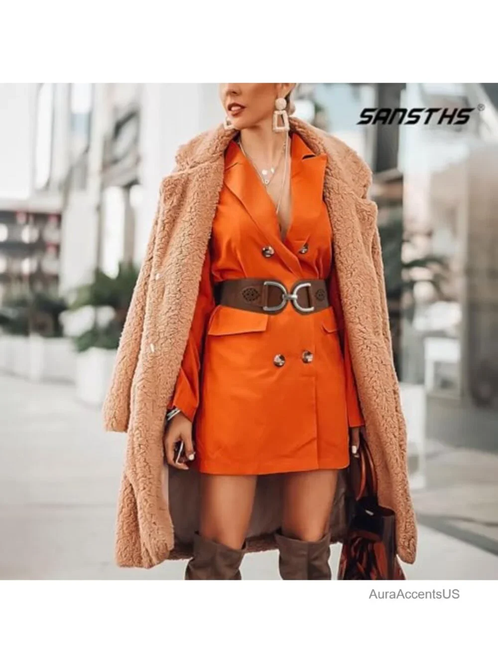 Vintage Stretchy Wide Belt Chunky Buckle Elastic Waist Belt for Dresses Coats